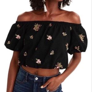 American Eagle Black Floral Dress Embroidered Puff Sleeve Crop Top